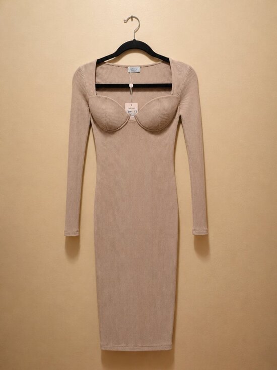 Oh Polly Dresses & Skirts - Oh Polly Ribbed Long Sleeve Bodycon Midi Dress NWT Neutral Beige